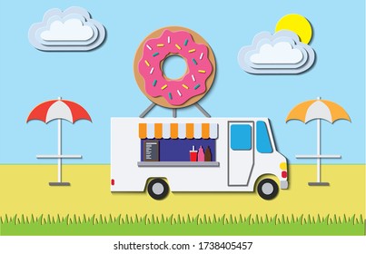 Street food truck vector illustration in Paper Cut style