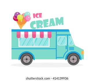 Street food truck vector illustration, food caravan. Ice cream van delivery. Flat icon