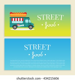 Street food truck vector illustration. Hot dog van delivery. Flat banner, flyer. Brochure design template vector with price and text