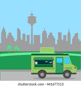 Street food truck vector illustration, food caravan. Green food mobile van store with city background