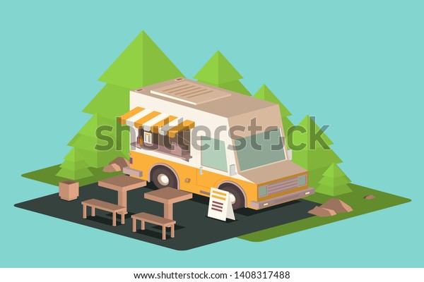 Street food truck vector\
illustration, food caravan. Burger van delivery. Flat icon\
isometric