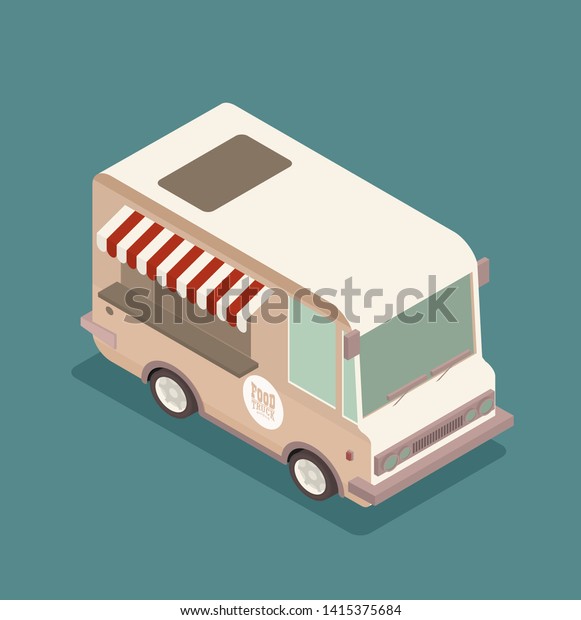Street food truck vector
illustration, food caravan. Burger van delivery. Flat icon
isometric