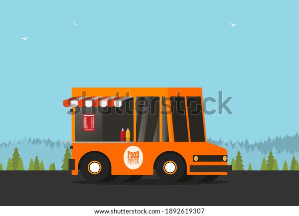 Street food truck vector illustration, food\
caravan. Burger van delivery. Flat\
icon