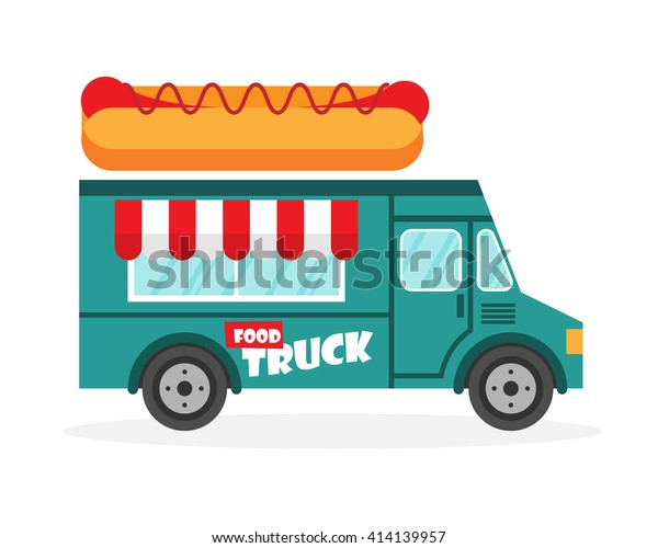Street food truck vector illustration, food
caravan. Hot dog van delivery. Flat
icon