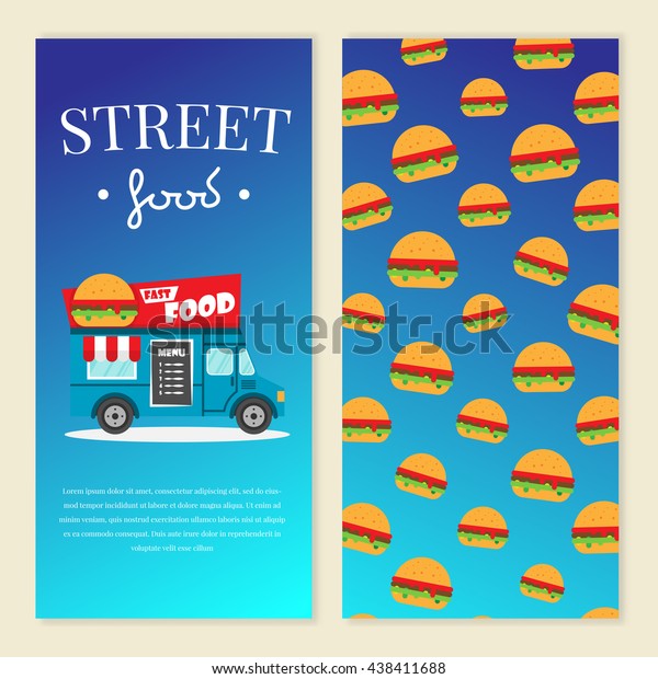 Street food truck vector illustration. burger van\
delivery. Flat banner, flyer. Brochure design template vector with\
price and text
