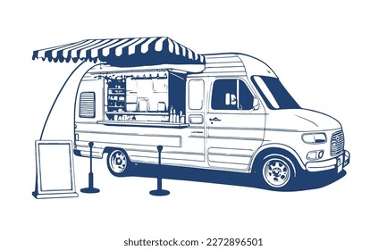 Street Food Truck. Vector monochrome drawing of a street fast food truck.