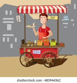 Street food, truck, street vendor, cartoon style, vector illustration