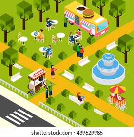 Street food truck in water park selling visitors donuts and coffee isometric composition poster abstract vector illustration