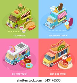Street food trucks 4 isometric icons square banner with tacos ice cream and donuts isolated vector illustration 