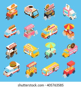 Street food trucks and carts selling hot dogs and wok dishes isometric icons set abstract isolated vector illustration 