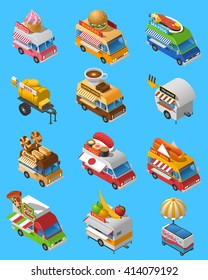 Street food trucks and carts selling sushi hot dogs and drinks isometric icons set abstract isolated vector illustration