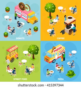 Street food trucks and carts selling donuts coffee and pizza 4 isometric icons square abstract isolated vector illustration