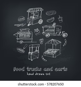 Street food trucks and carts selling hot dogs and wok dishes doodle set isolated vector illustration