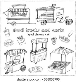 Street food trucks and carts selling hot dogs and wok dishes doodle set isolated vector illustration