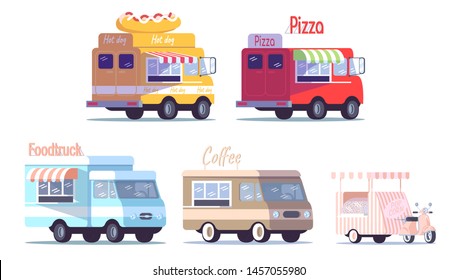 Street food trucks flat vector illustrations set. Ready takeaway meal vehicles. Restaurant, cafe on wheels. Cars for selling hot dogs, pizza, coffee, popcorn isolated cartoon on white background