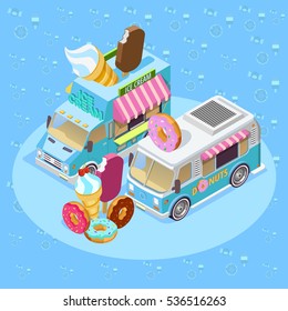 Street Food Trucks Isometric Composition Poster With Ice Cream Van And Donuts Bus Blue Background Vector Illustration 