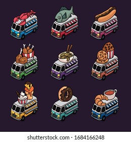 Street food trucks models isometric icons collection