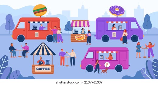 Street food trucks on city festival or fair. Crowds of people buying food from market vendors during event flat vector illustration. Summer, marketing, food, shopping, festival concept for banner