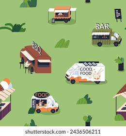 Street food trucks outdoor, seamless pattern design. Endless background, summer festival with caravan, cafe vans. Open-air fest, repeating print, texture. Flat vector illustration for fabric, wrapping