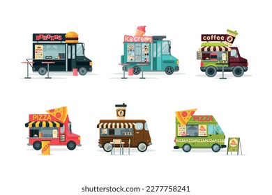 Street food trucks set. Burger, ice cream, coffee, pizza van cars cartoon vector illustration