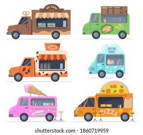 Street food trucks set. Colorful buses for selling pastry, fast food, cotton candy, coffee, ice cream, pizza. Vector illustrations collection for catering, outdoor cafe, menu, food fair concept