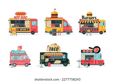 Street food trucks set. Hot dog, hamburger, bbq, taco, ice cream van cars cartoon vector illustration