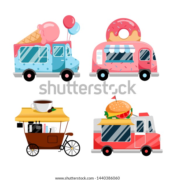 Street food
trucks set, isolated on white background. Vector flat colorful
illustration. Fast food meals service. Street food festival and
catering business, icons and design
elements.