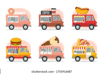 Street food trucks set vector isolated. Pizza, burger, hot dog and ice cream vendor. Tasty coffee in vehicle.