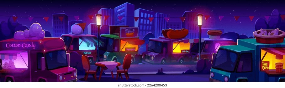 Street food trucks at trade fair in night city park. Vector cartoon illustration of popcorn, hot dog, cotton candy, fresh juice, coffee and snacks vans selling takeaway meal outdoors. Catering service