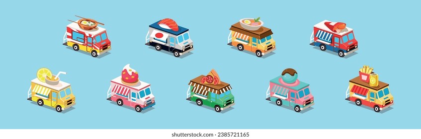 Street Food Trucks and Vehicles Isometric Icons Vector Set