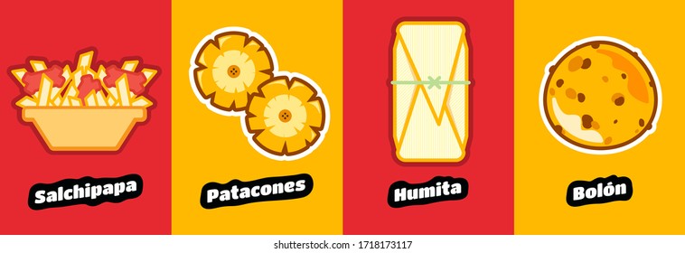 Street food and typical traditional Latin American dish. Salchipapa, humita, bolon de platano verde con chicharron, patacones. Mashed green banana, vector illustration icon food. Lunch meal.