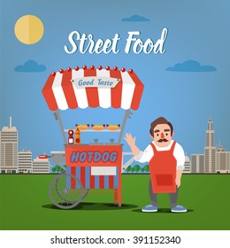 Street Food. Urban Landscape with Fastfood Truck and Seller. Vector illustration. Flat style