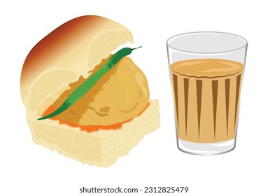 Street Food Vada Paav with Tea. Vector illustration.