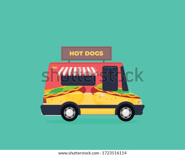 Street food van. Fast food delivery in flat\
style isolated on color\
background