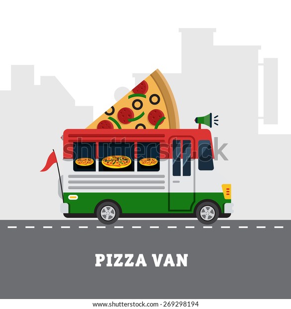 Street food van. Fast food\
delivery. Flat design vector  illustration isolated on white\
background
