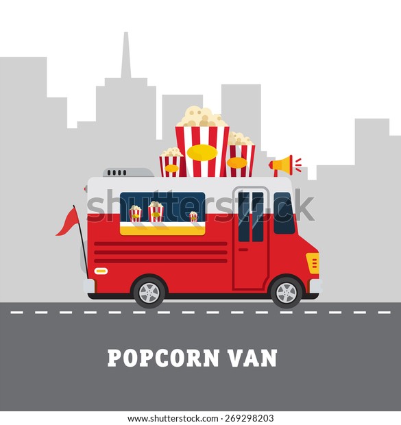 Street food van. Fast food\
delivery. Flat design vector  illustration isolated on white\
background