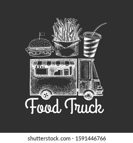 Street food van logo template. Hand drawn vector truck with fast food illustration on chalk board. Engraved style vintage design.