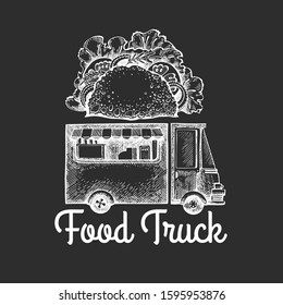 Street food van logo template. Hand drawn vector truck with fast food illustration on chalk board. Engraved style tacos truck vintage design.