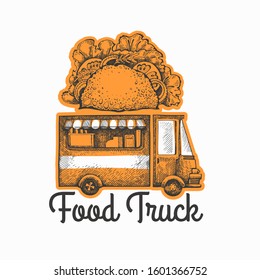 Street food van logo template. Hand drawn vector truck with fast food illustration. Engraved style tacos truck vintage design.