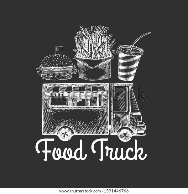 Street food van logo template. Hand drawn vector\
truck with fast food illustration on chalk board. Engraved style\
vintage design.