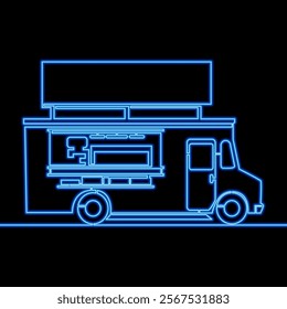 Street food van, mobile business and quick service icon neon glow vector illustration concept