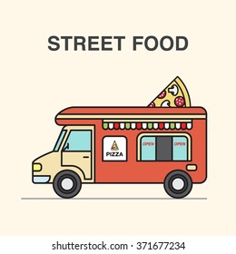 Street food van with pizza. Street food vector illustration in flat style.