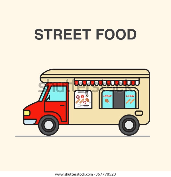 Street food van with sausages. Street food vector\
illustration in flat\
style.