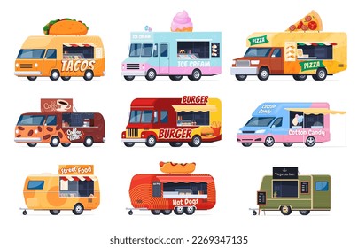 Street food vans. Fast and tasty food at summer fairs, festivals, concerts. Vector illustration