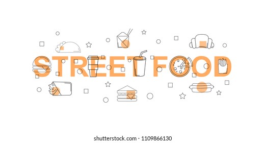 Street food vector banner. Word with line icon. Vector background