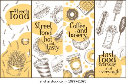 Street food vector banners set. Hand drawn illustrations in vintage sketch style. Can be use for fast food cafe, menu, packaging, adversiting.