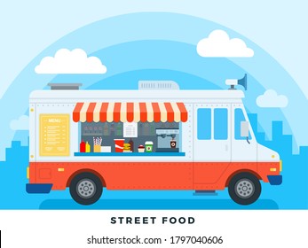 Street food vector flat illustrations. Foods truck with fast food on backdrop sky.