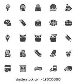 Street food vector icons set, modern solid symbol collection, filled style pictogram pack. Signs, logo illustration. Set includes icons as french fries, burger, sandwich, noodles, street cart, taco