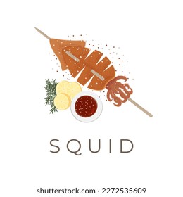 Street Food Vector Illustration Logo Grilled Squid With Skewer