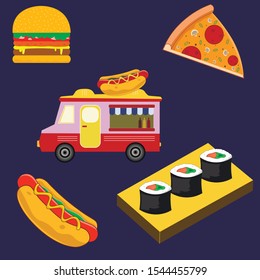 Street food vector set. Food truck with fast food sushi, burger, hot dog and pizza illustration.